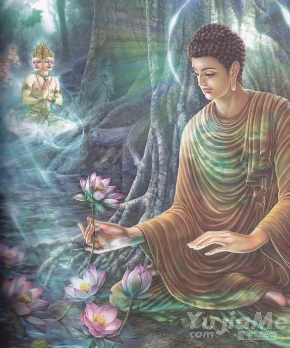梵天向佛陀獻(xiàn)花,懇請(qǐng)佛陀為眾生宣說妙法